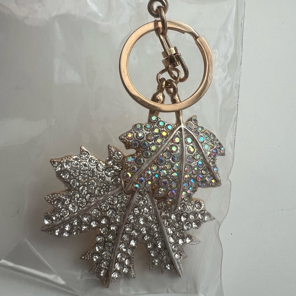 Silver Leaf Keychain with Rhinestones